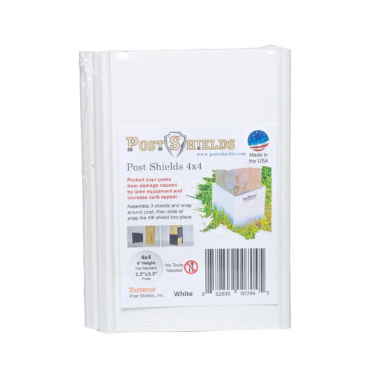 White 4x4 post shield packaging for protecting fence posts from lawn equipment damage